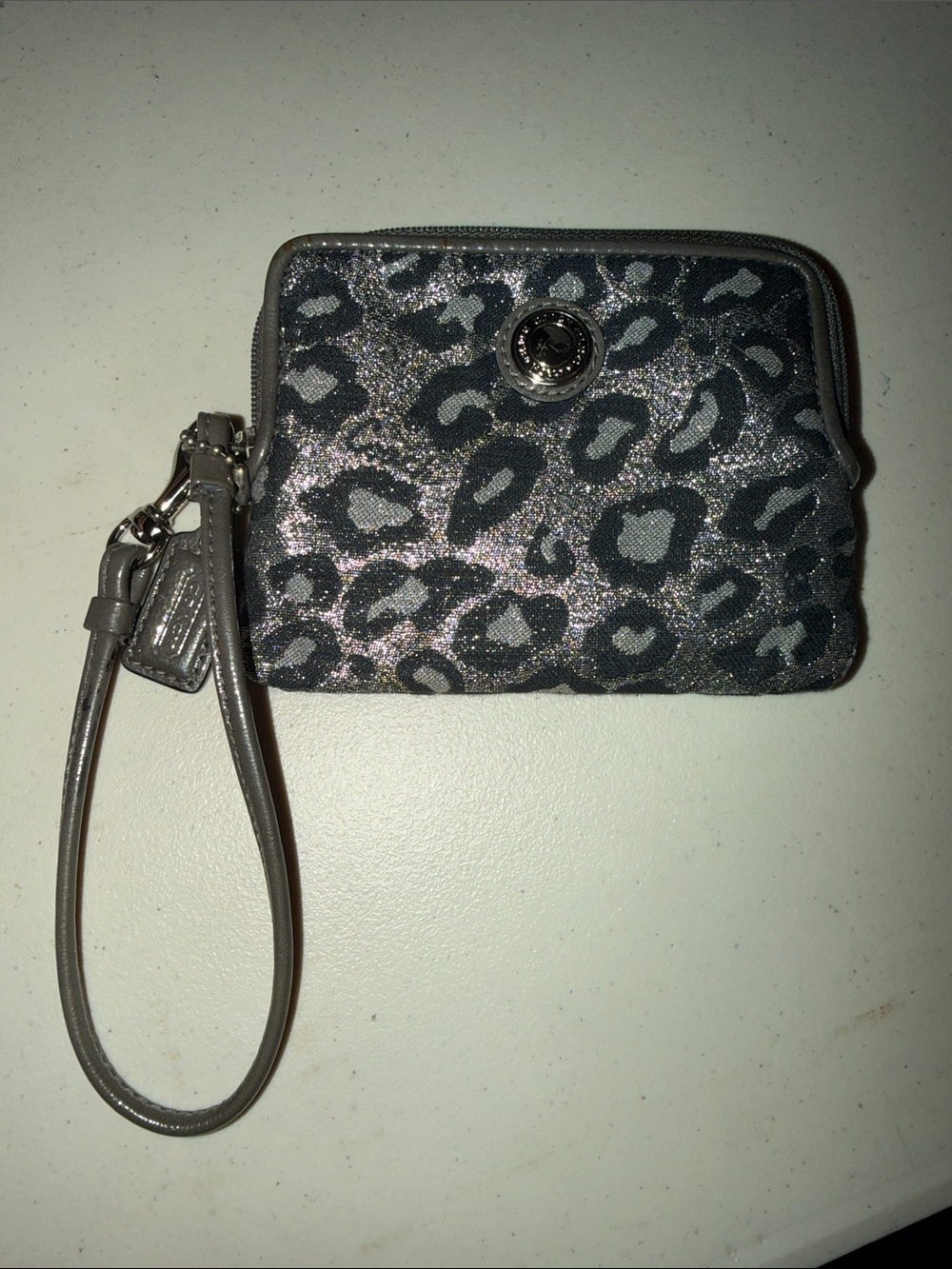 Coach Silver Glitter Leopard Wristlet